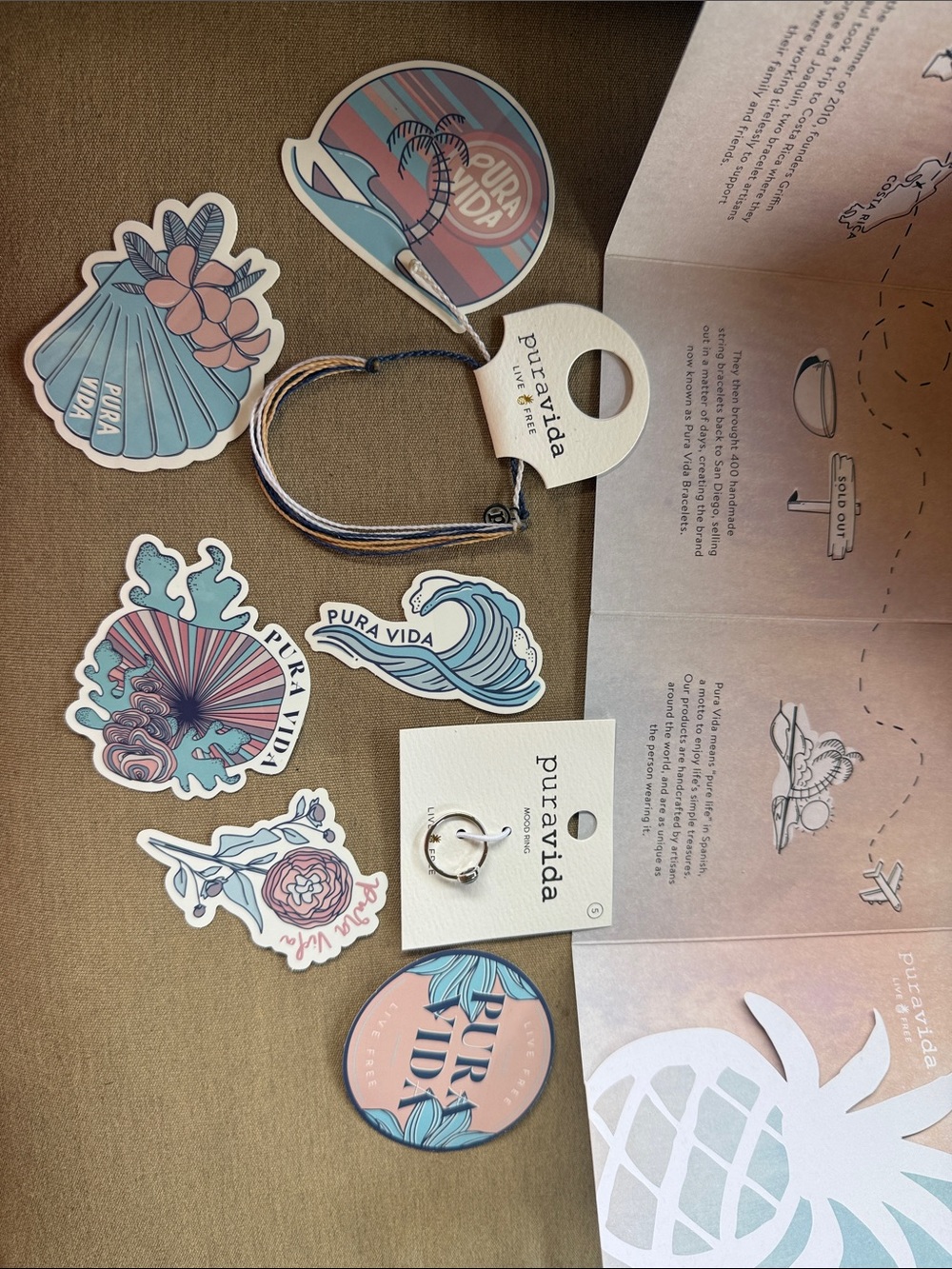 NEW Pura Vida Bracelet & Mood Ring Blue, Pink & Cream Sticker and Bracelet Set